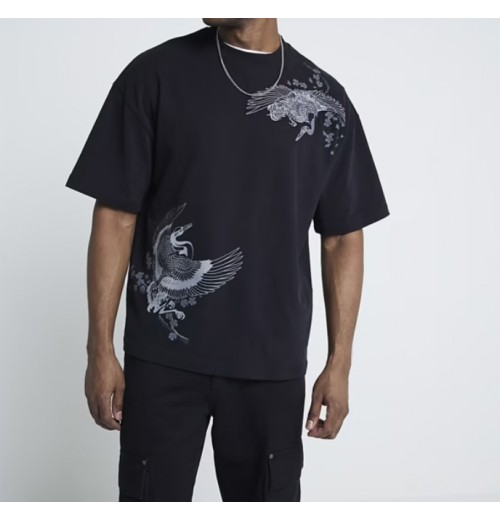 Black Regular Fit Crane Graphic T-Shirt